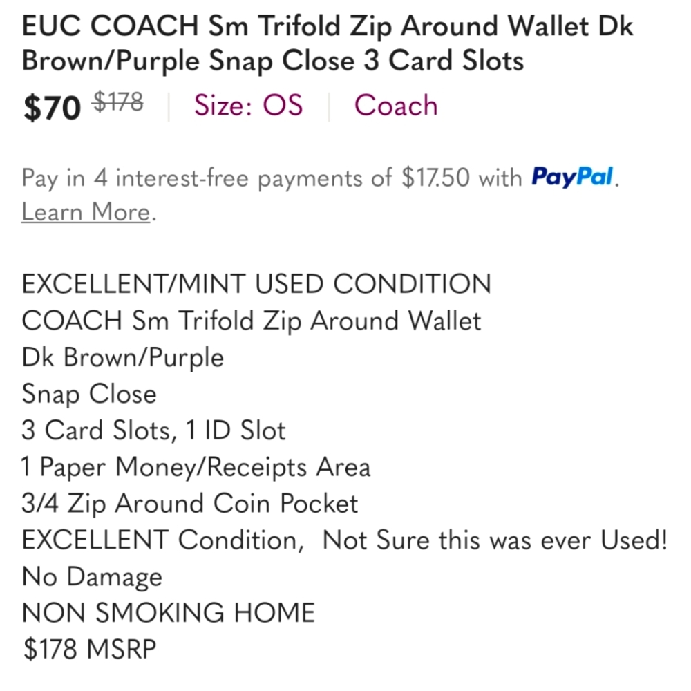 EUC COACH Sm Trifold Zip Around Wallet Dk Brown/Purple Snap Close 3 Card Slots - Picture 5 of 16
